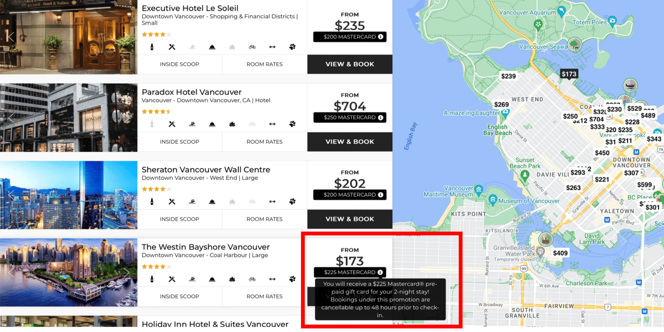 A screenshot showing eligible hotels for Stay Vancouver