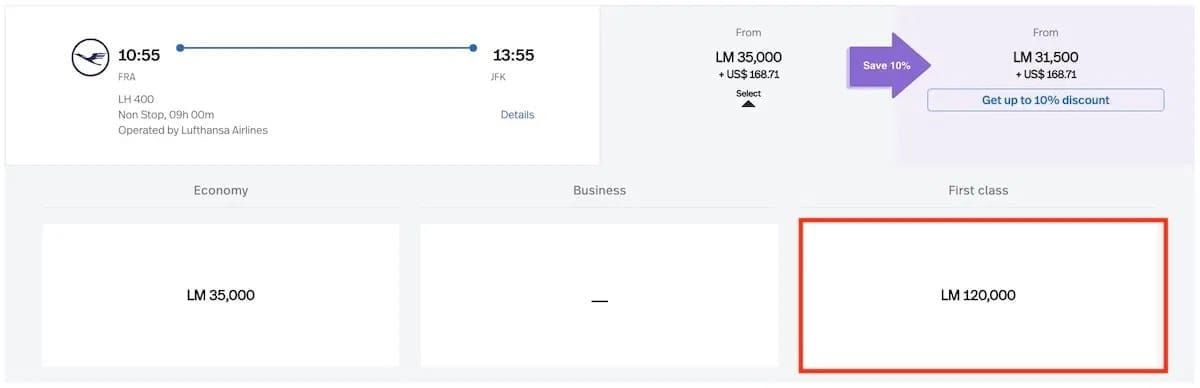 Example of a Lufthansa first-class flight for 120,000 Avianca miles