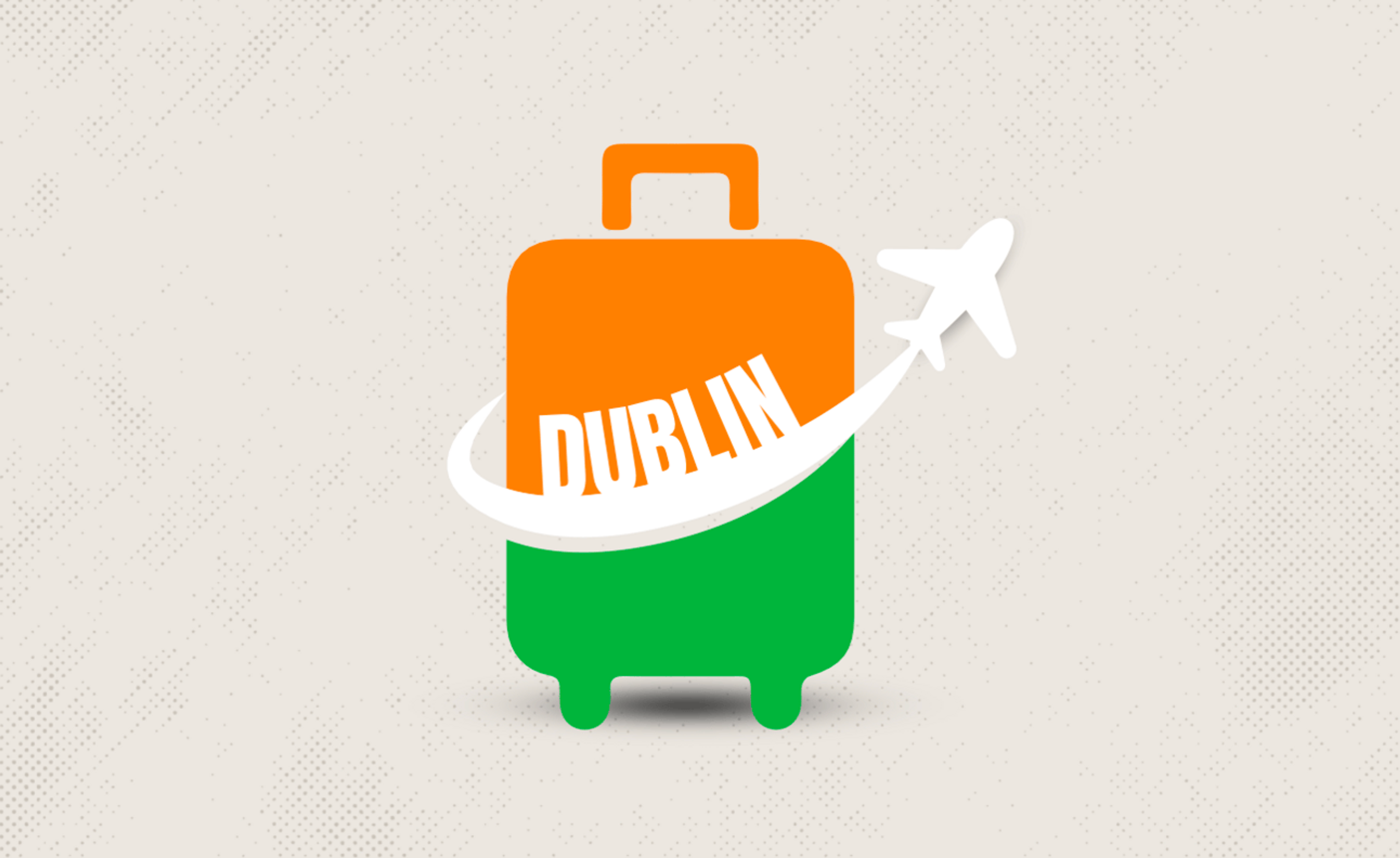 Beige background with an orange, white, and green suitcase graphic
