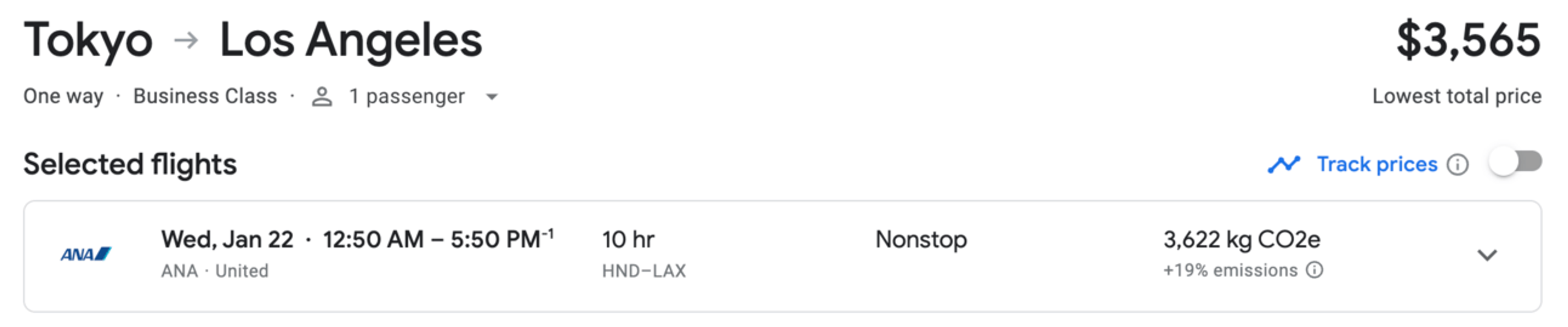 A screenshot from Google showing ANA's flight to Los Angeles for $3,565 per night