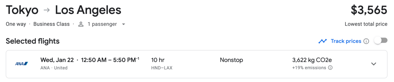 A screenshot from Google showing ANA's flight to Los Angeles for $3,565 per night