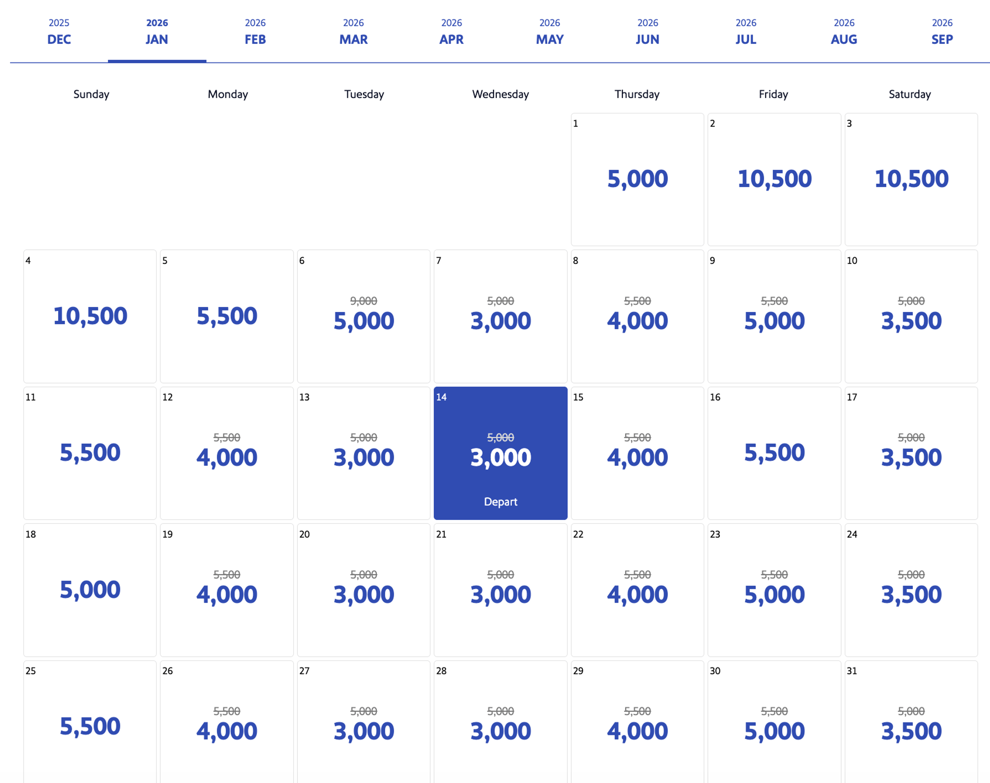 Calendar showing flights for 3,000 points