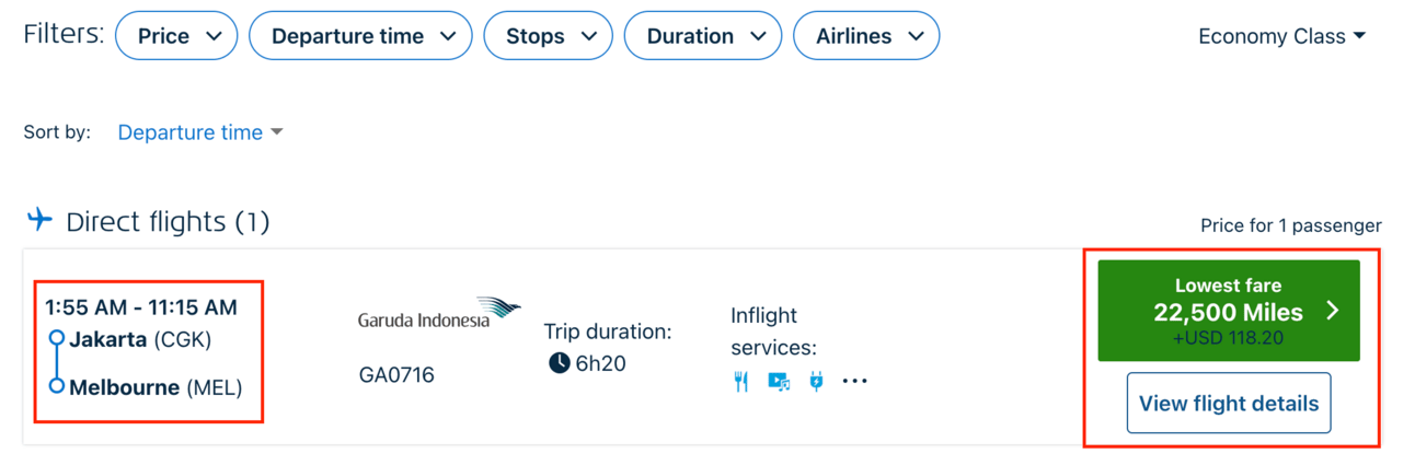 Sample Garuda booking using 22,000 Flying Blue miles to fly from CGK-MEL