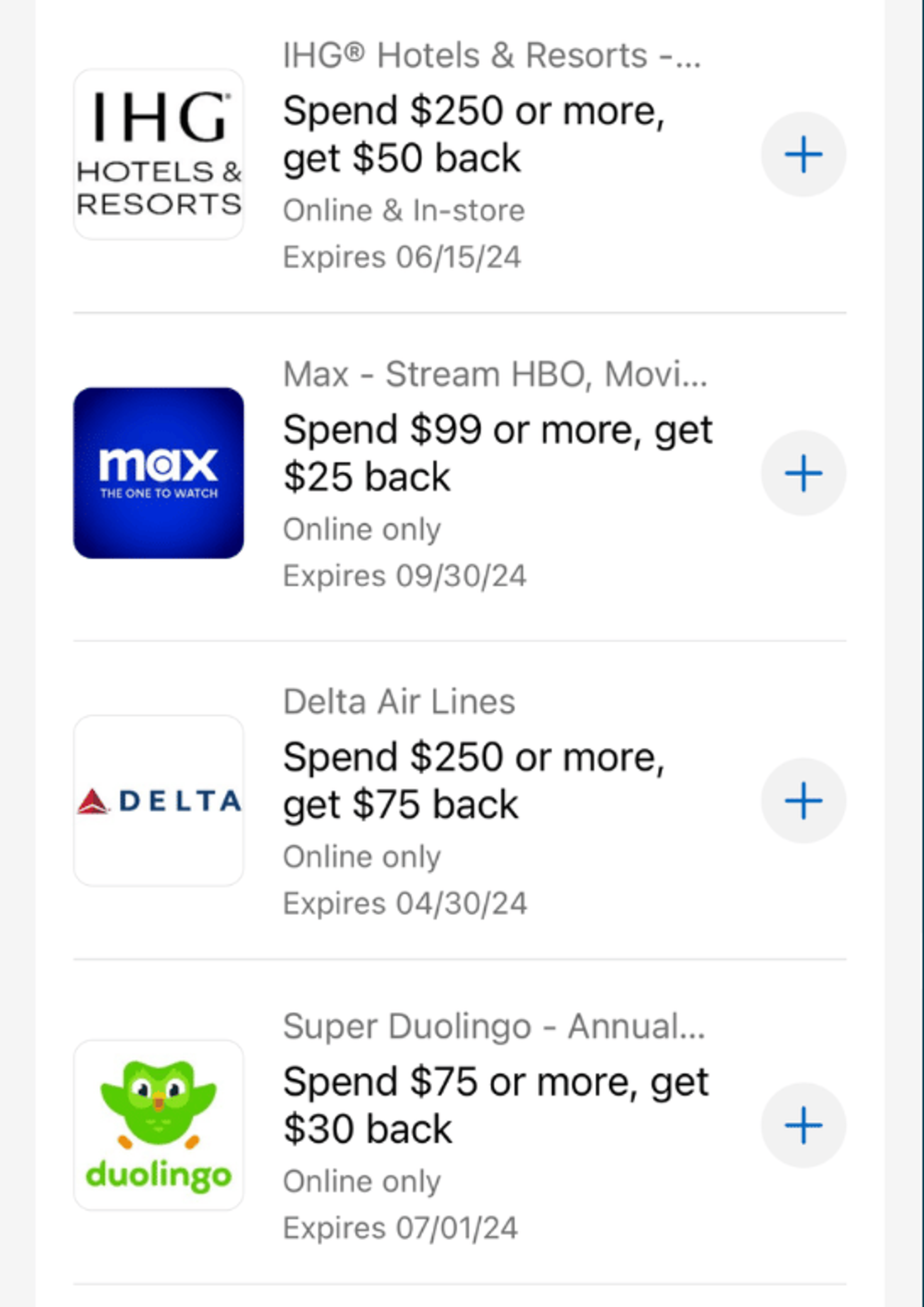 Screenshot showing merchant offers for IHG, Max, Delta, and Duolingo
