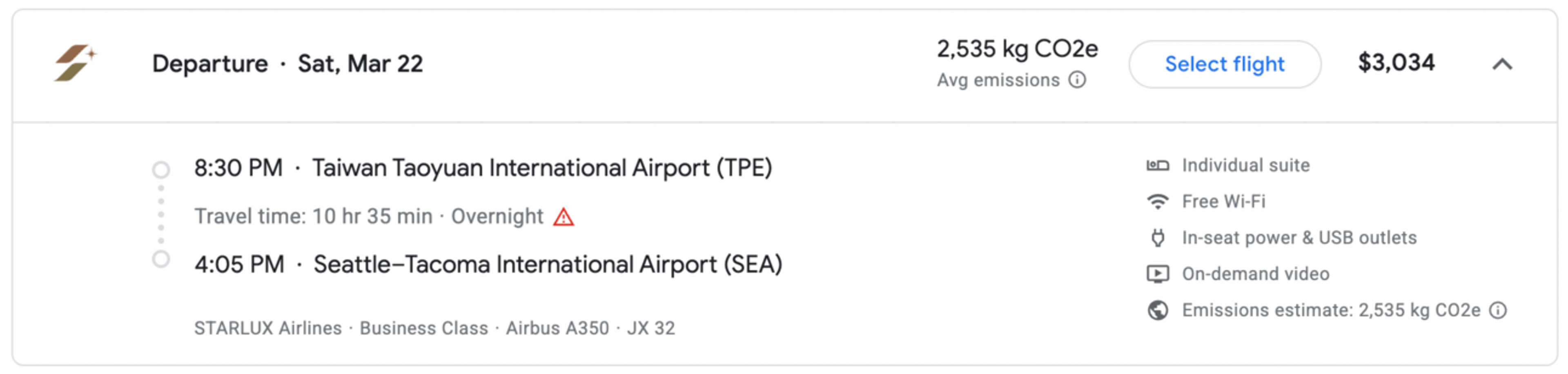 An example of a cash business-class flight on Starlux for $3,034