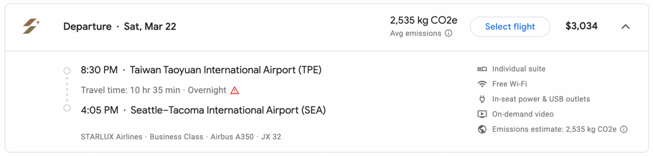 An example of a cash business-class flight on Starlux for $3,034