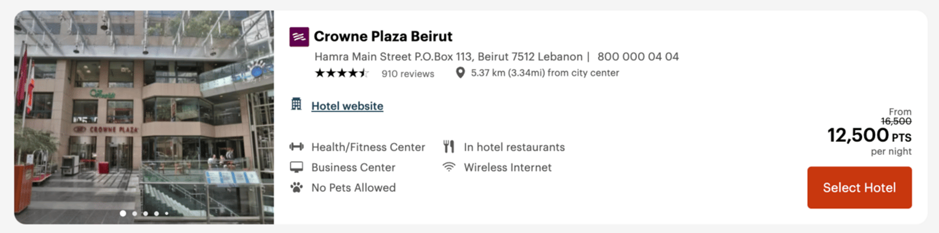 Crowne Plaza Beirut for 12,500 IHG points per night
