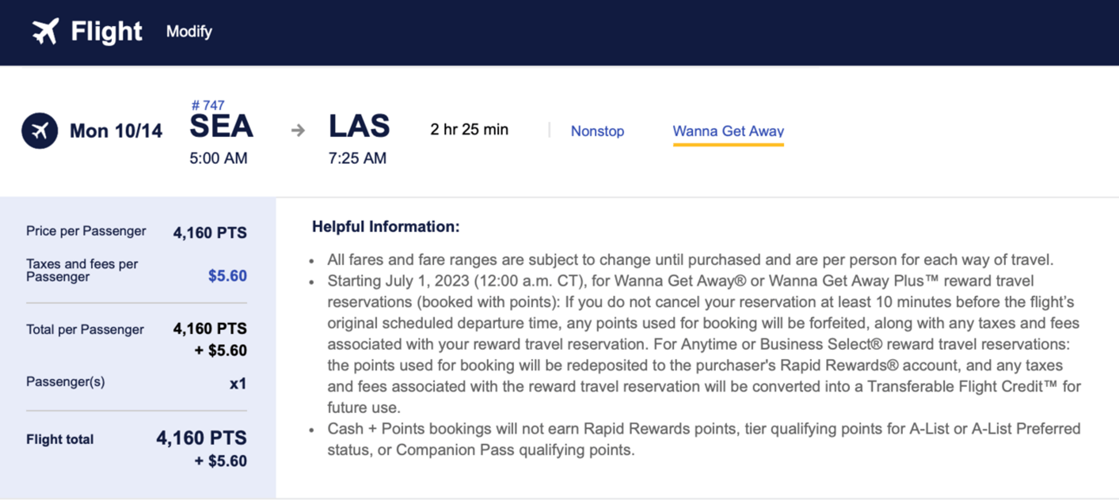 Example Southwest route from Seattle to Vegas