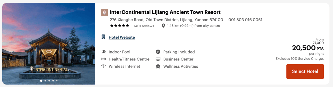 Intercontinental Lijiang for 20,500 IHG points per night
