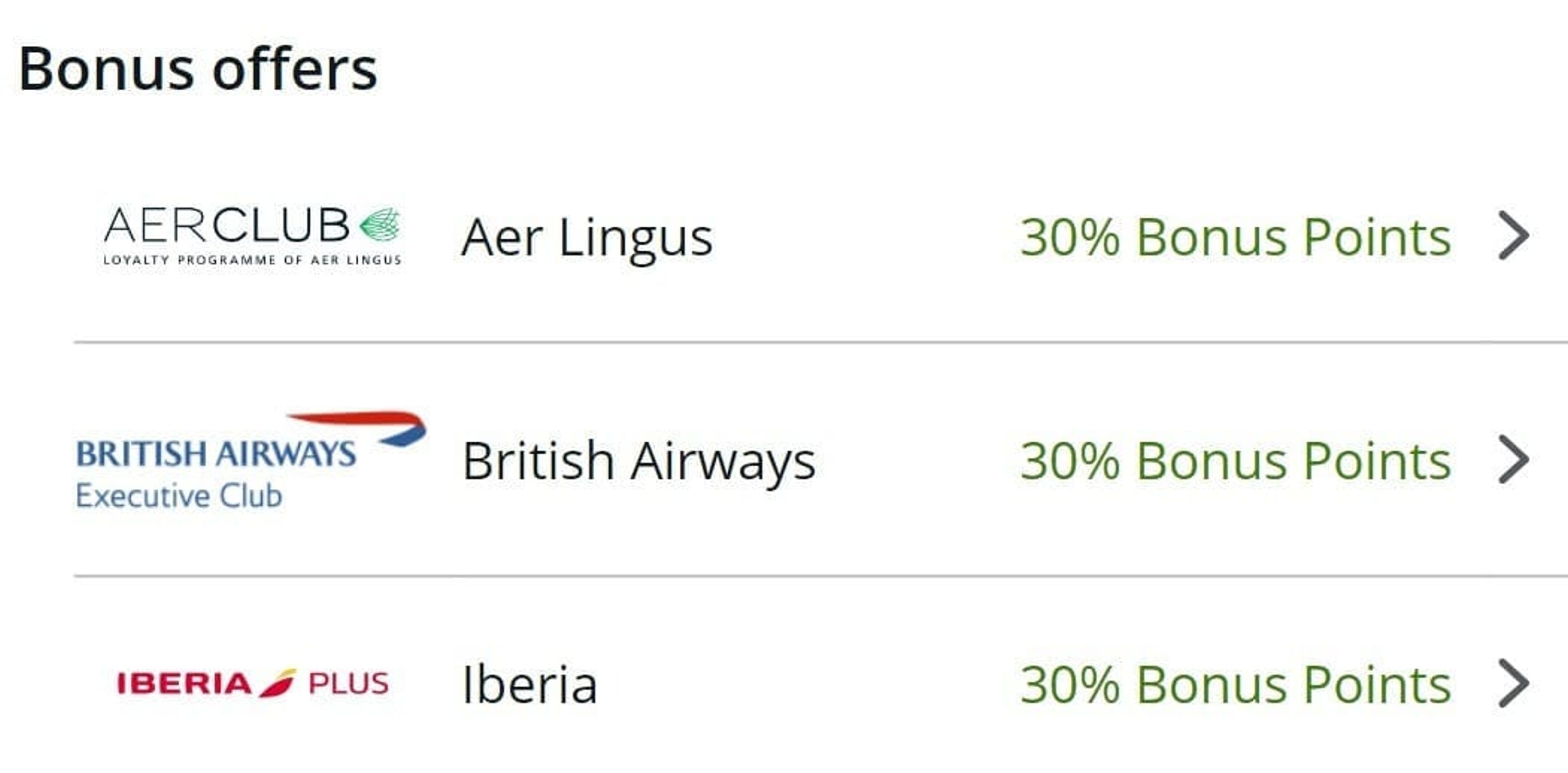 A screenshot from a historical transfer bonus to multiple Avios programs
