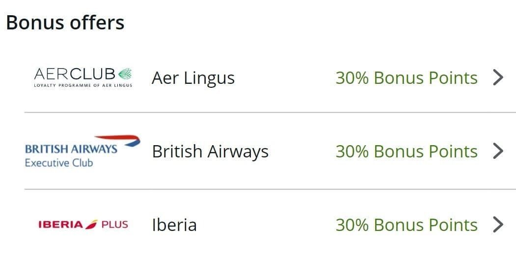 A screenshot from a historical transfer bonus to multiple Avios programs