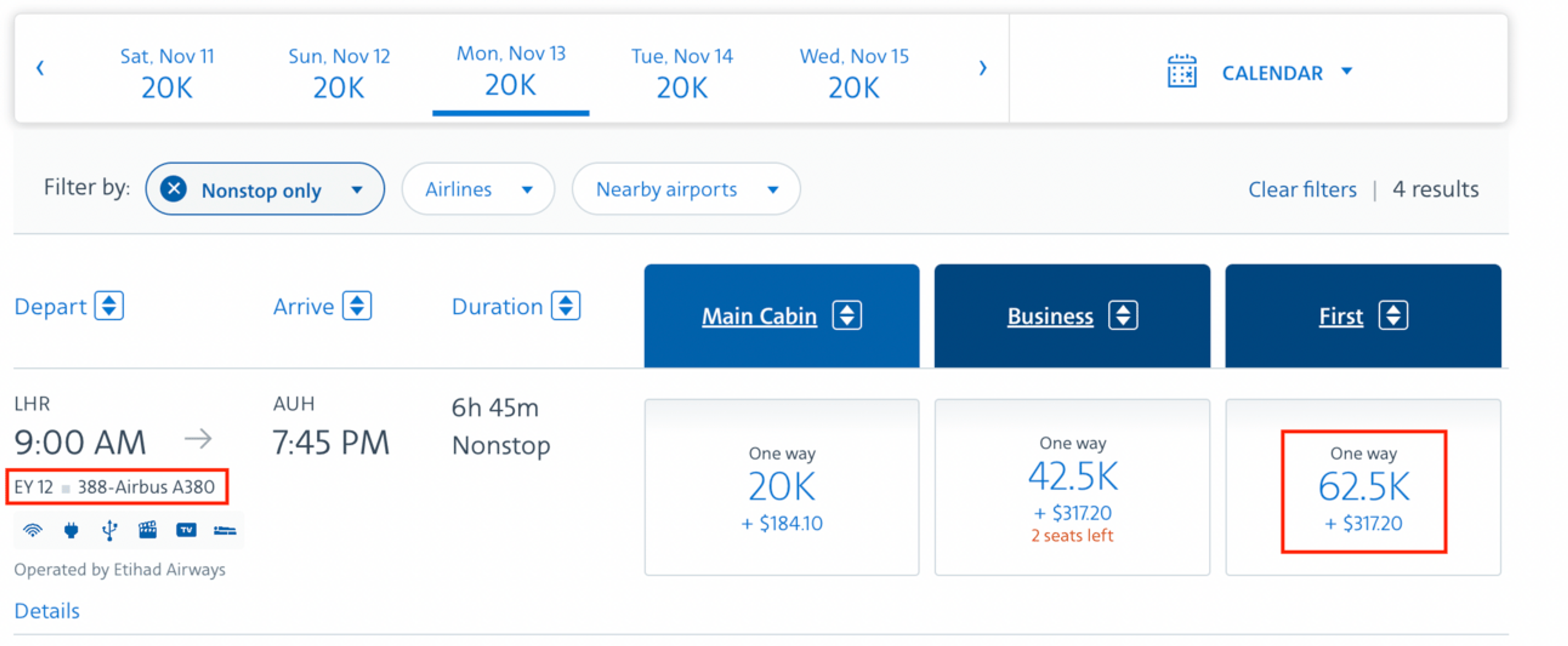 Sample booking on aa.com for Etihad first-class from LHR to AUH