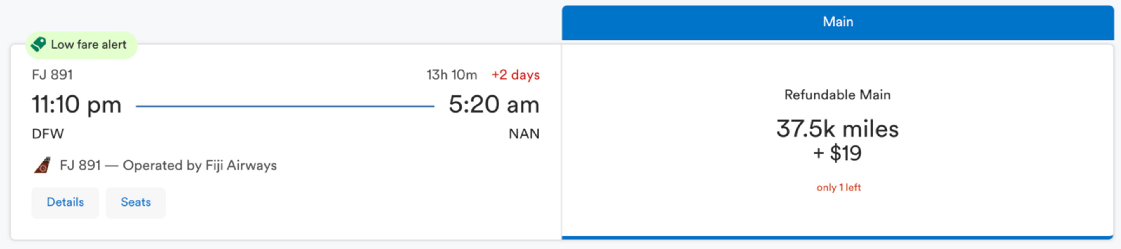 DFW to NAN for 37,500 Alaska miles