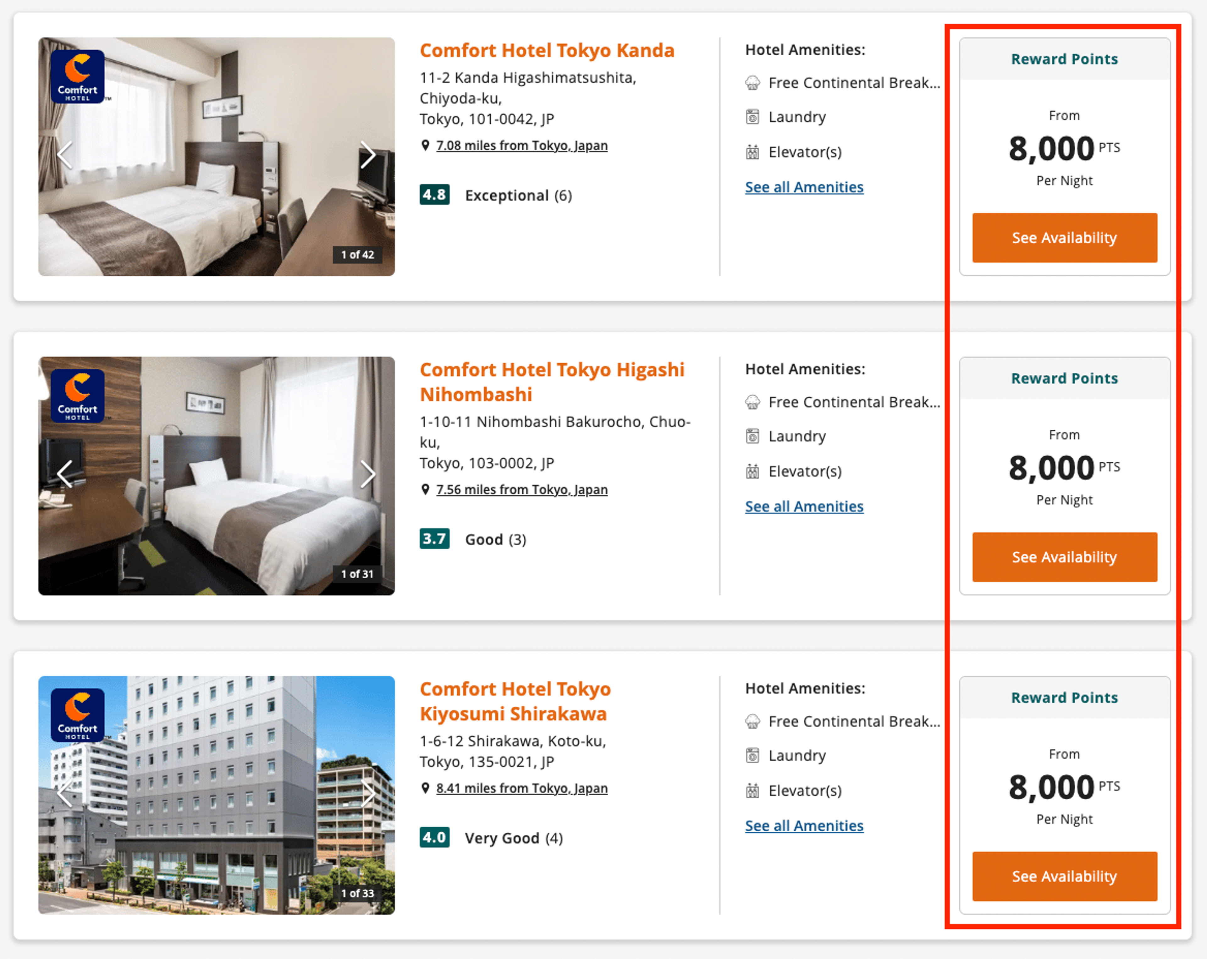 Examples of various Choice hotels in Tokyo for 8,000 points per night