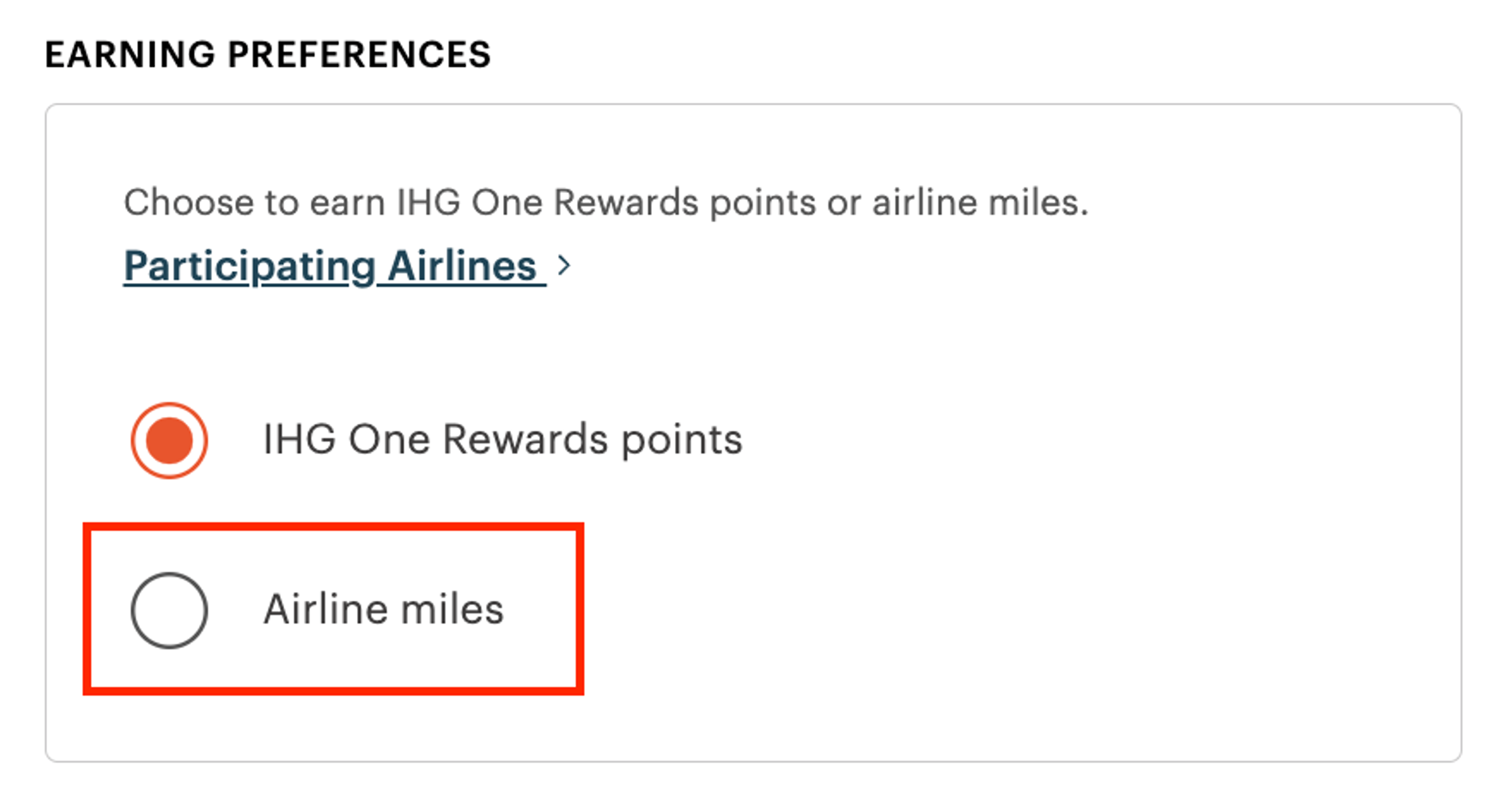 A screenshot from IHG's "Earning Preferences" setting