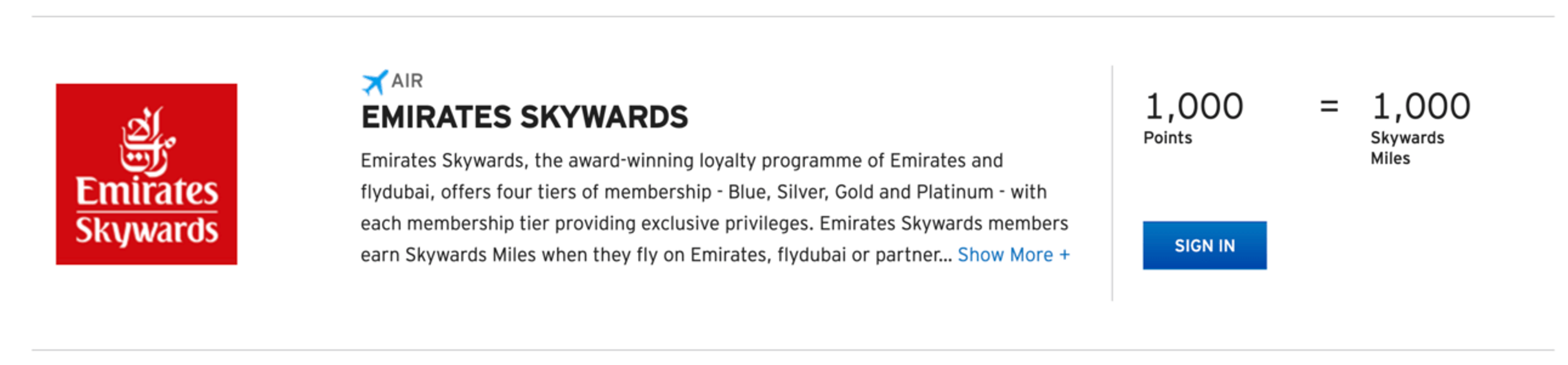 ThankYou points transfer ratio to Emirates