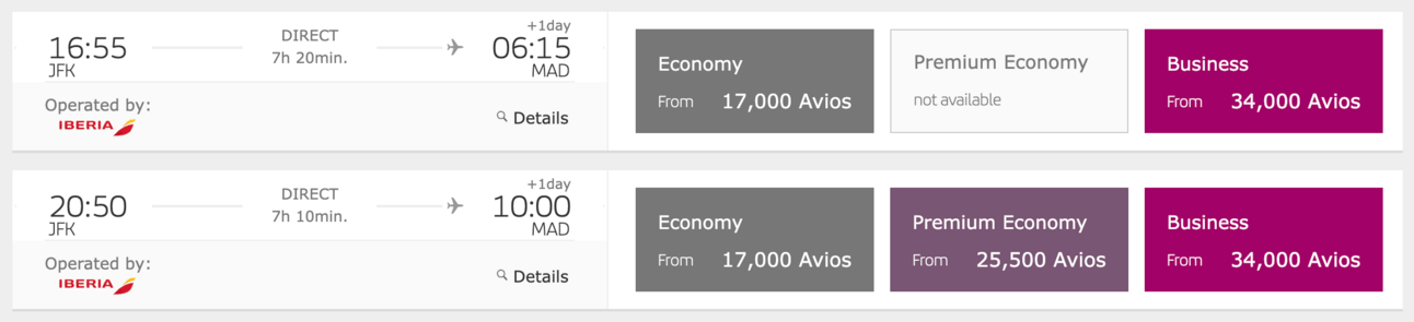 New York to Madrid for 34,000 Avios in business