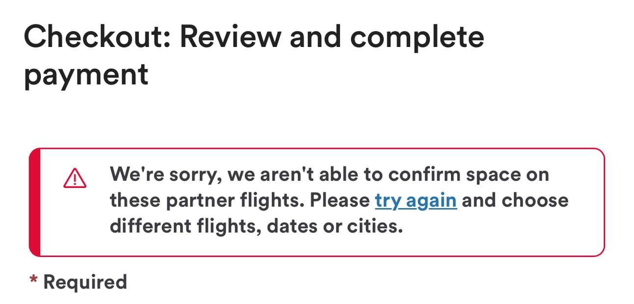 The error message I keep getting when trying to book more cheap cash flights through Alaska