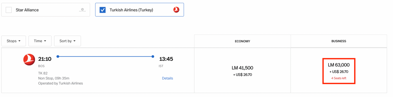 An example of a Turkish flight booked with Avianca miles