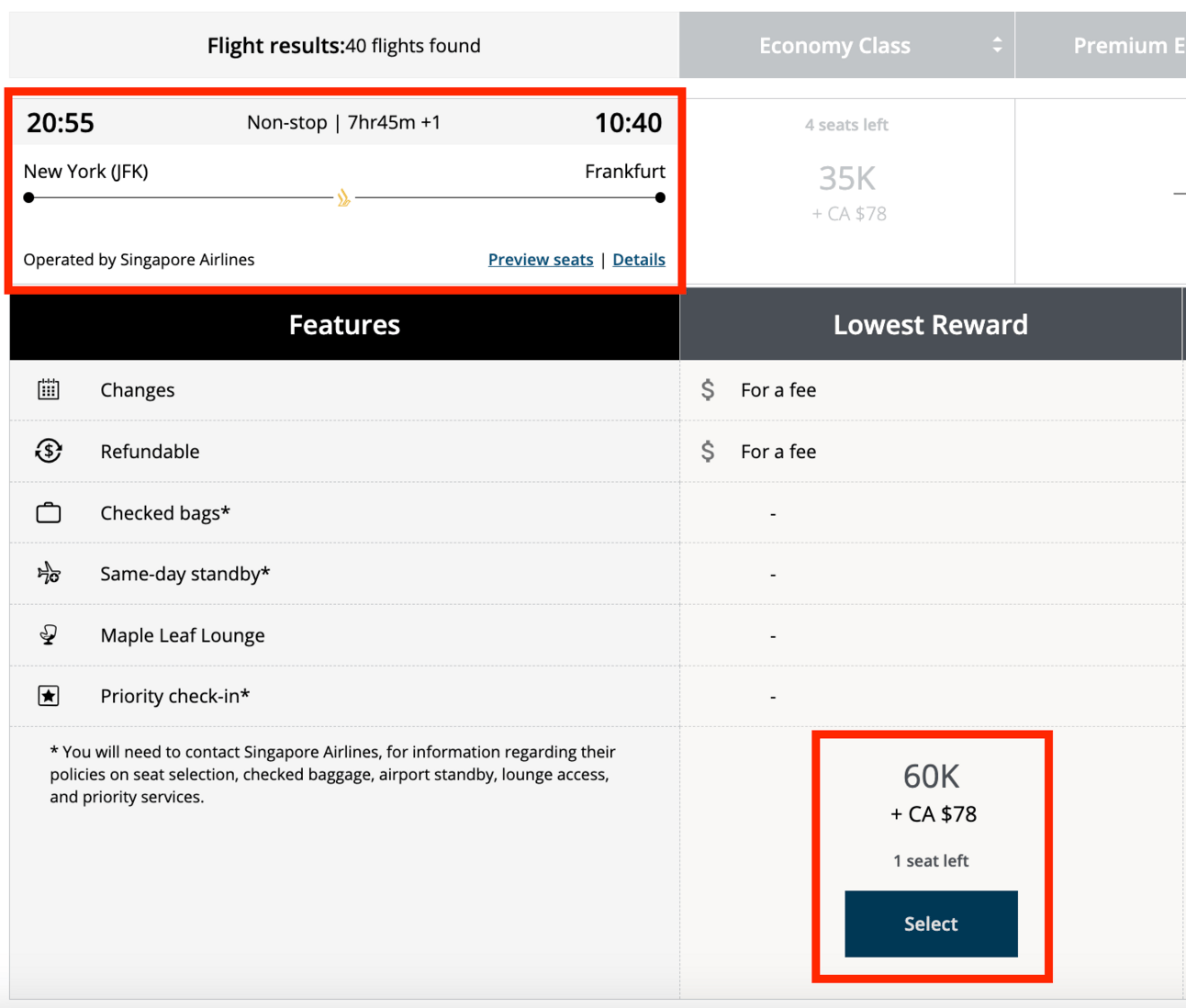 Singapore Airlines to Germany for 60,000 Aeroplan points