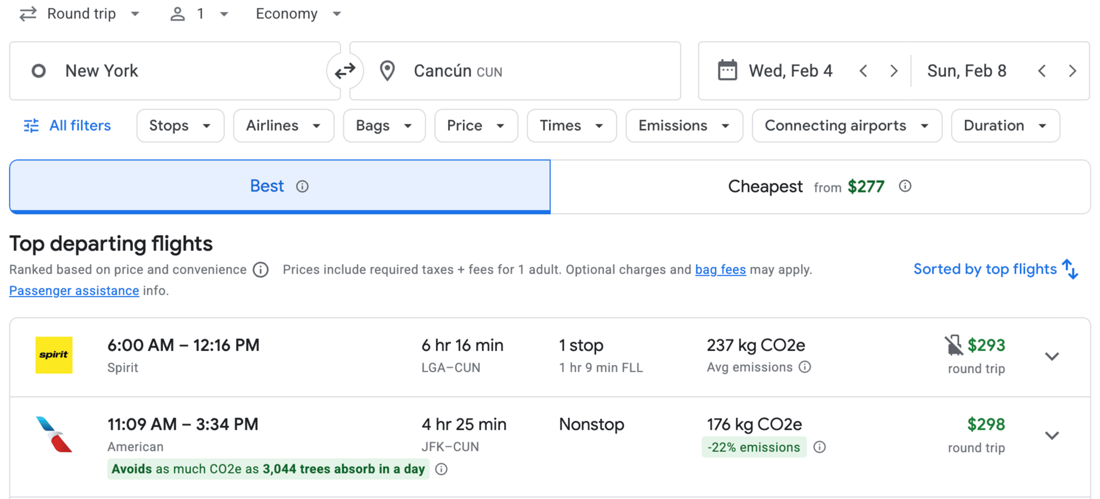 Example fares from New York to Cancun for less than $300