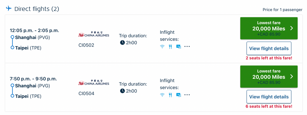 Sample booking with Flying Blue miles in China Airline business class