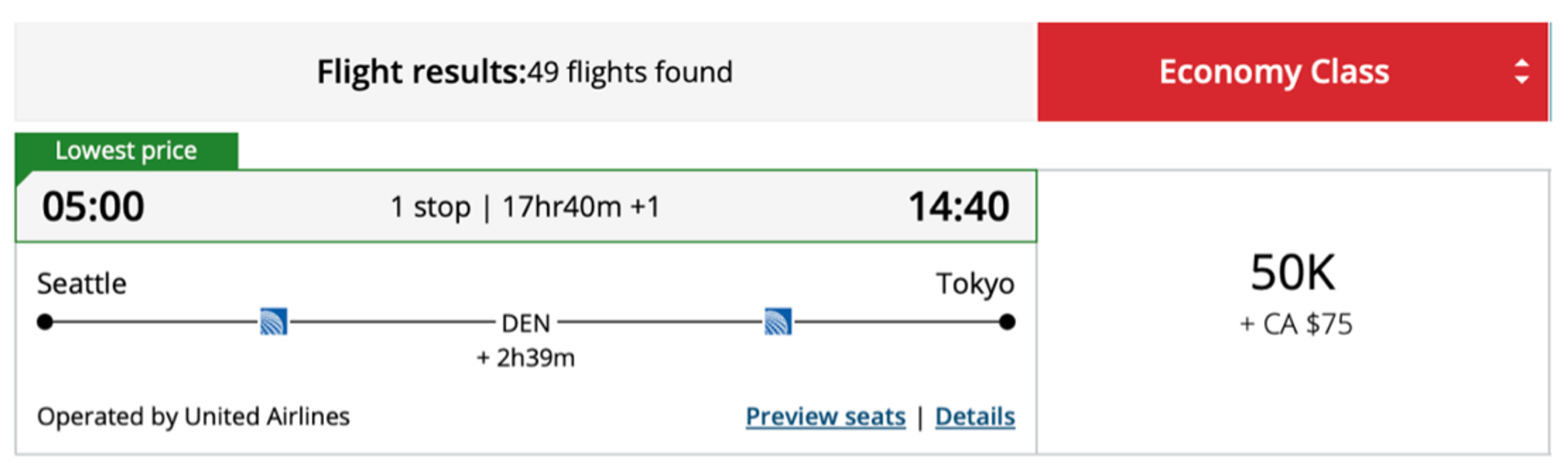 Screenshot from aircanada.com