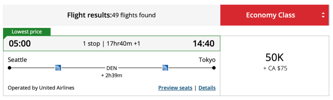 Screenshot from aircanada.com
