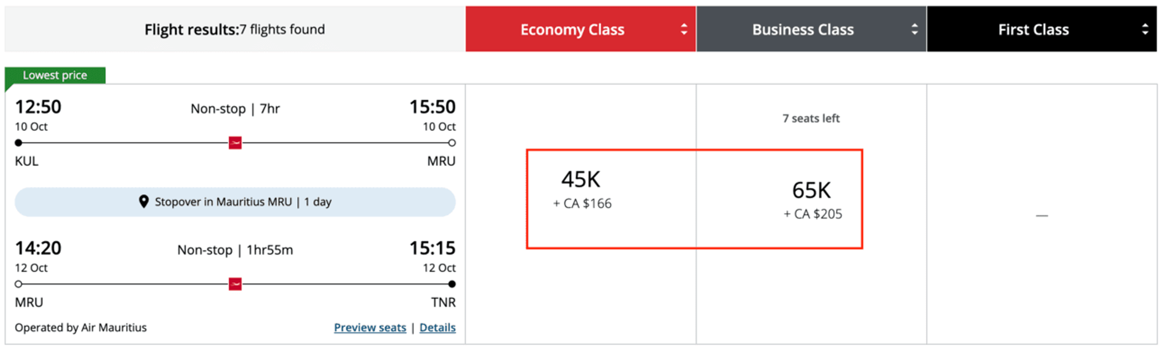 Example of how you can use Aeroplan points to book flights on partners like Air Mauritius