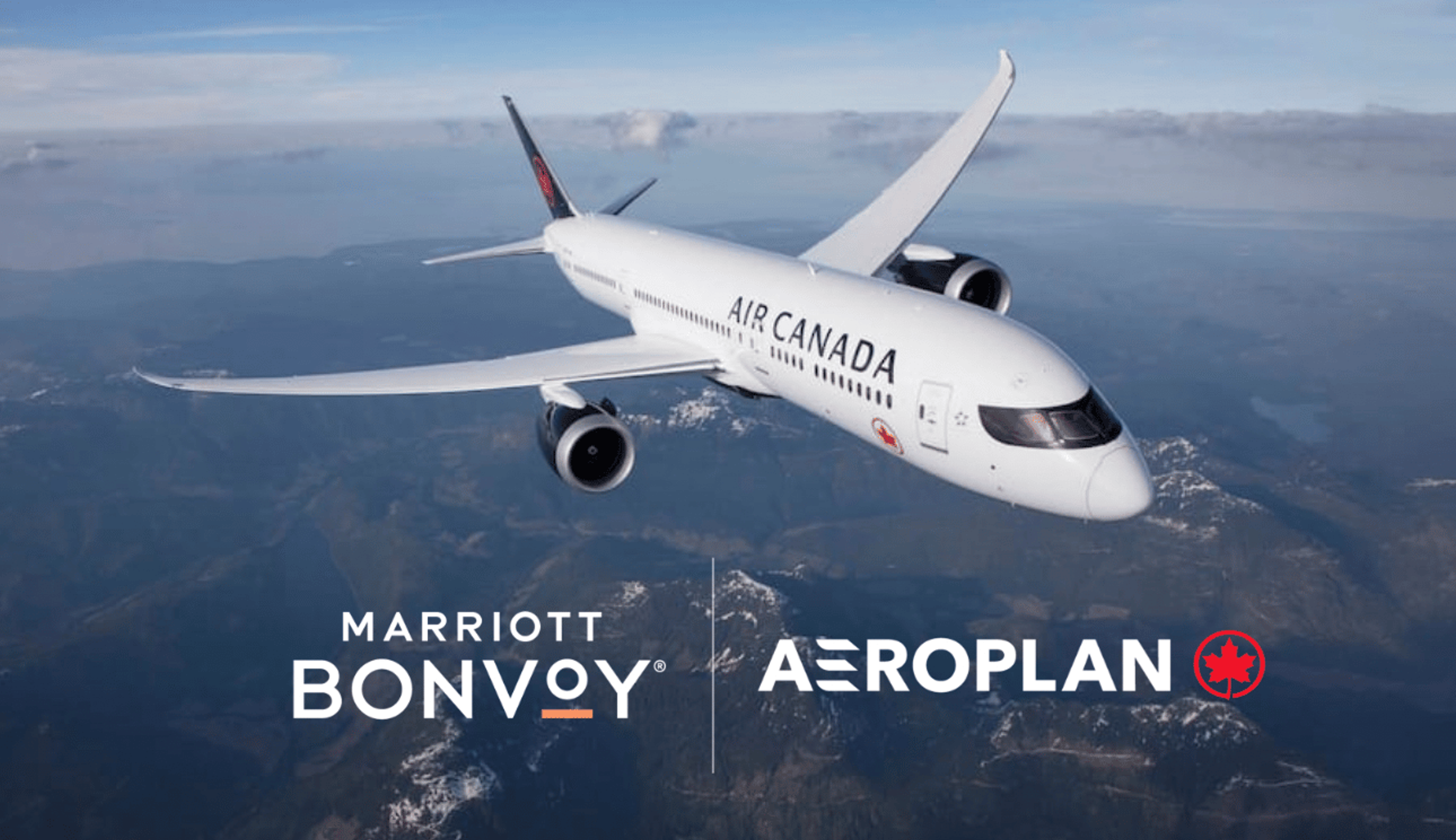 A graphic showing a plane and the logos for Marriott and Aeroplan