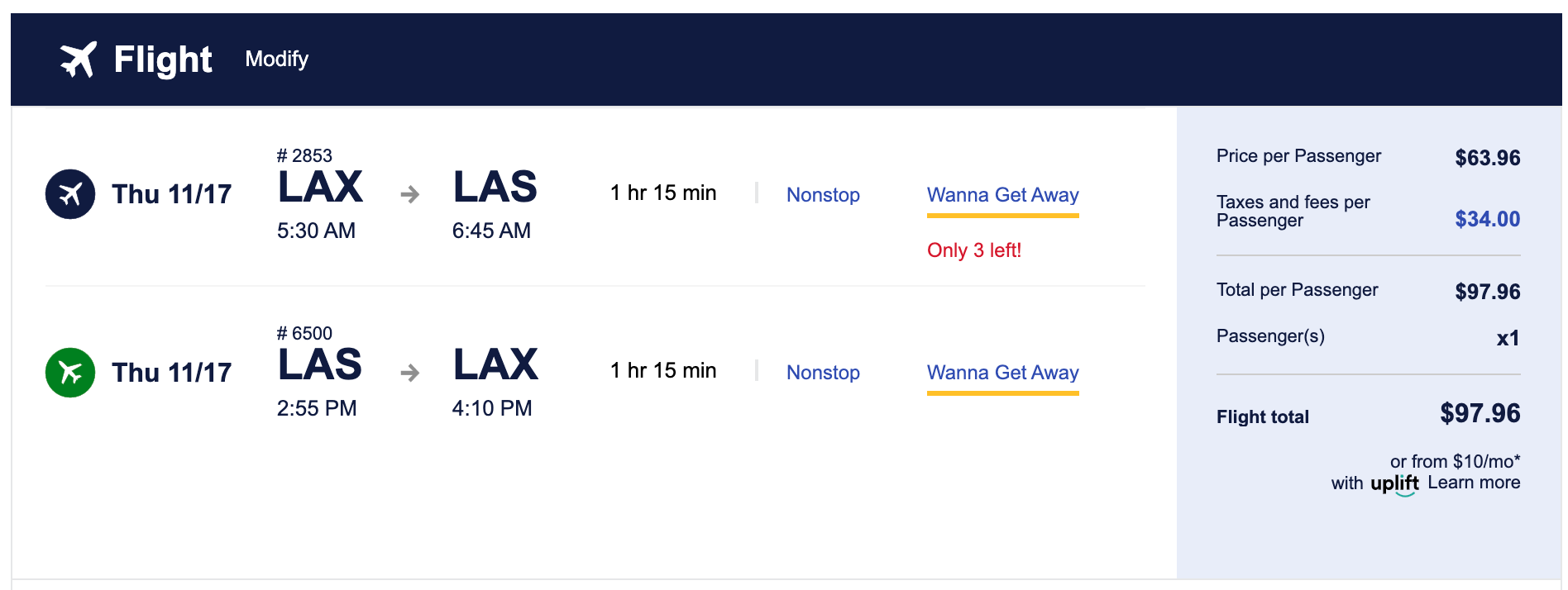 Southwest sample booking