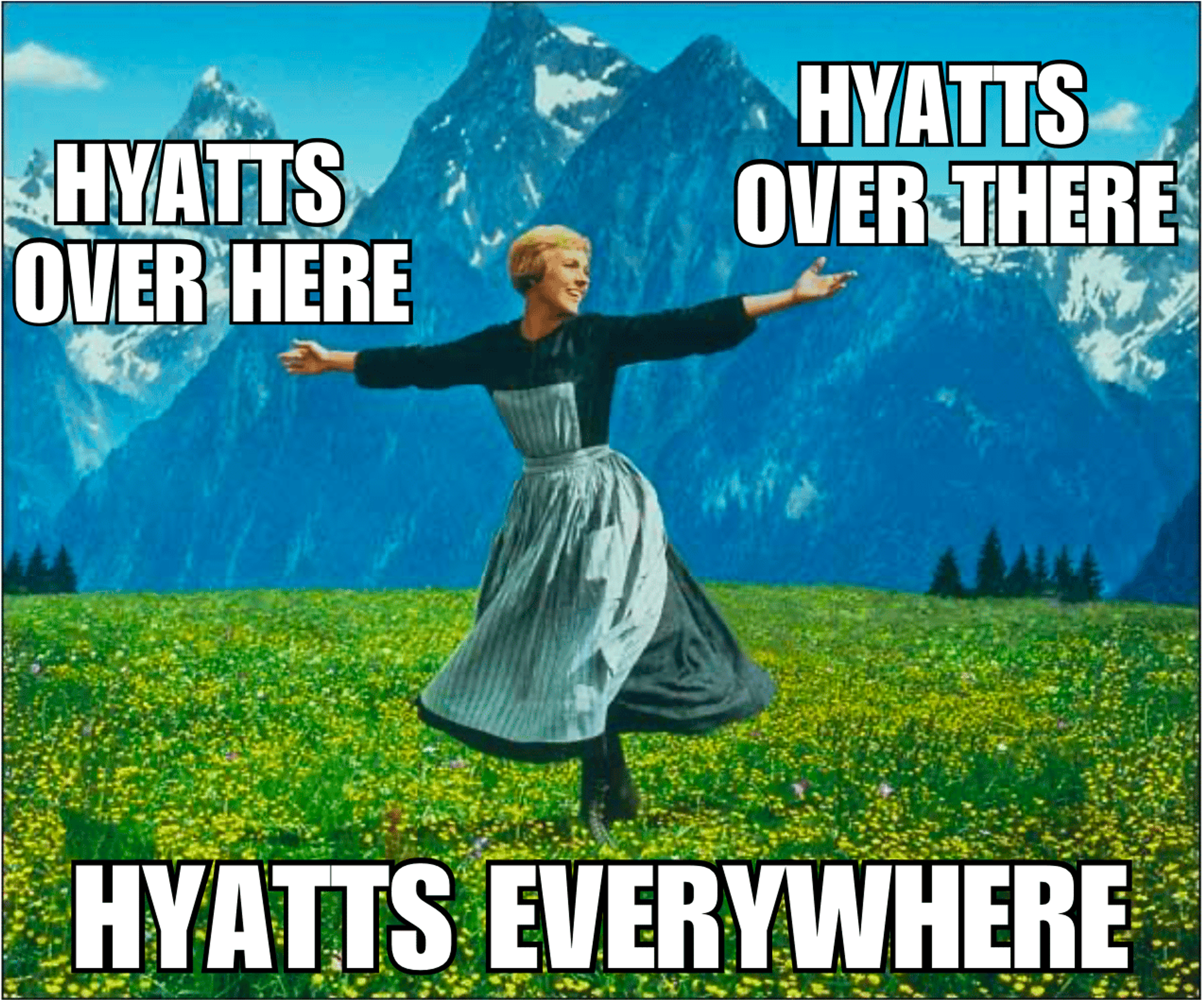 Meme of Julie Andrews dancing in a field