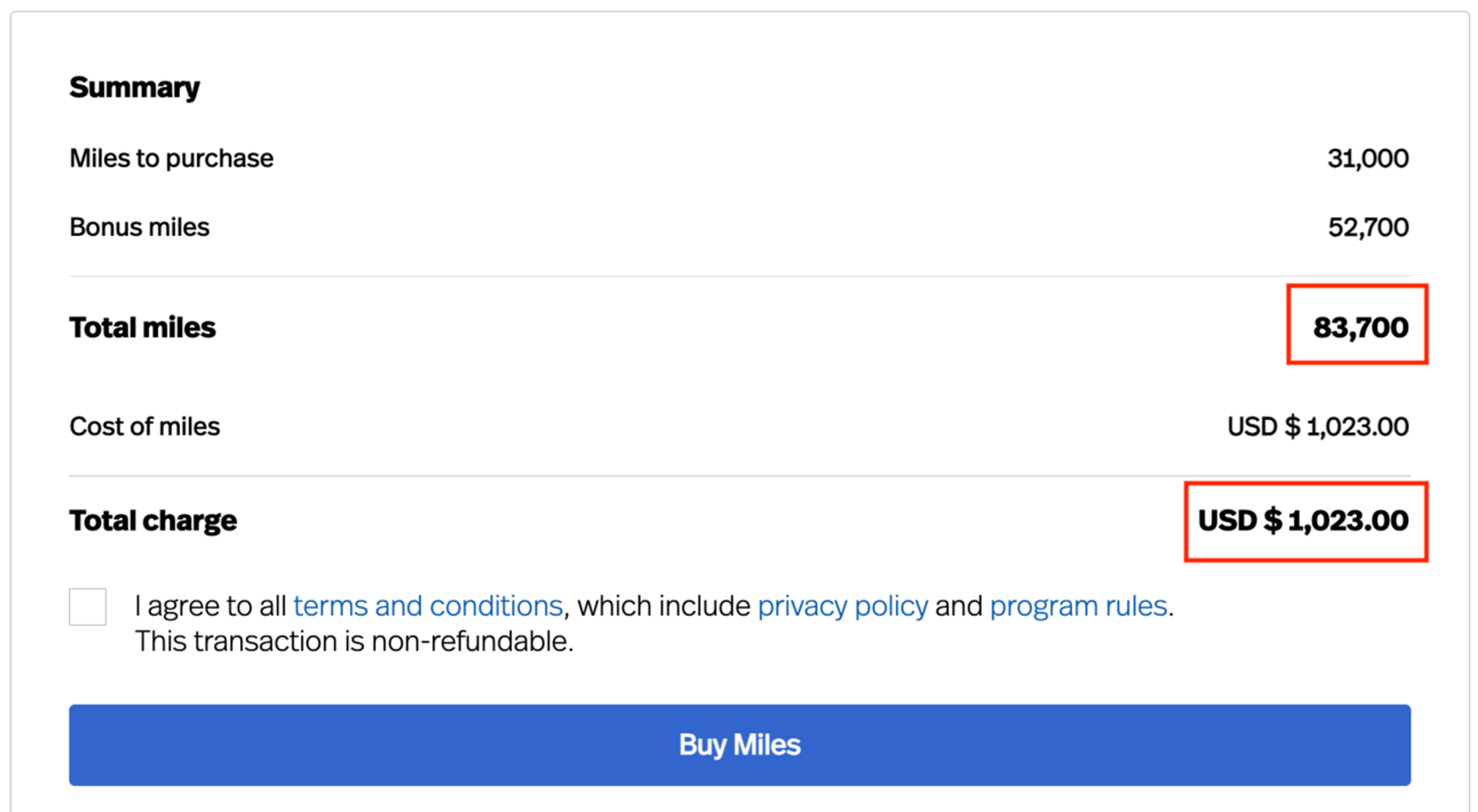 Example of buying 83,000 Avianca miles for about a thousand dollars