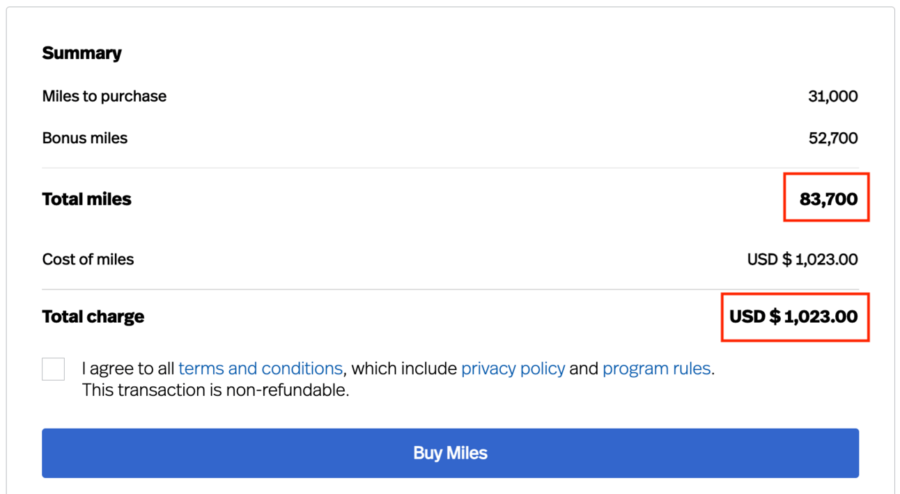 Example of buying 83,000 Avianca miles for about a thousand dollars