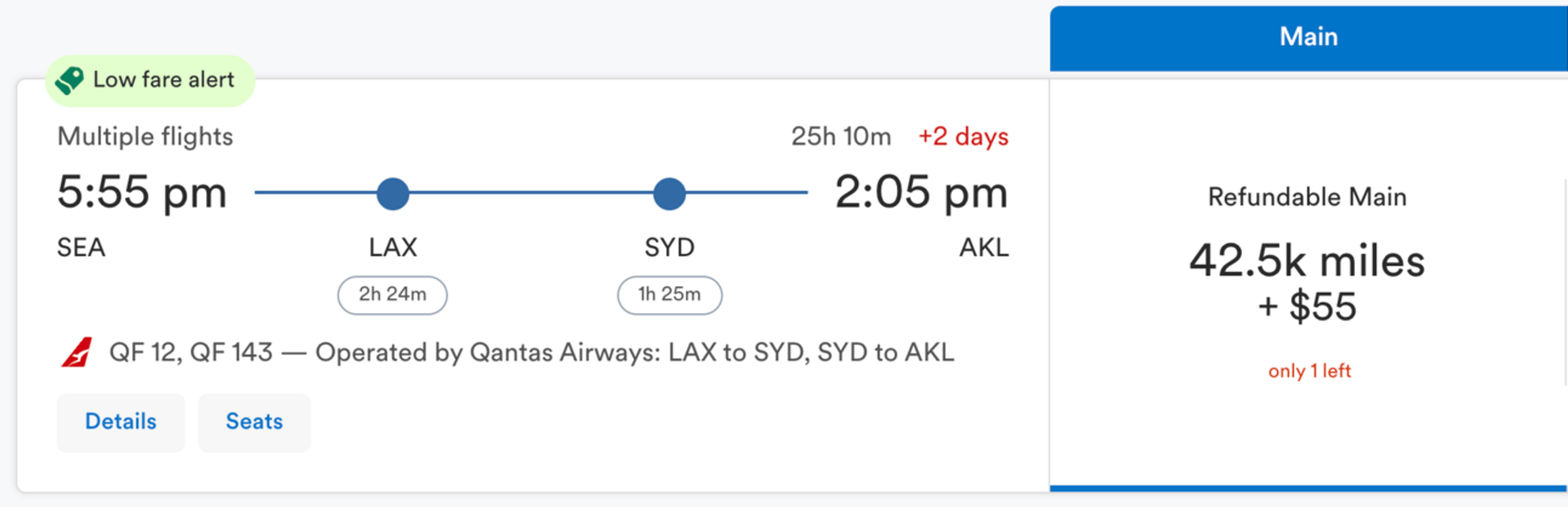 Seattle to Auckland for 42,500 Alaska miles
