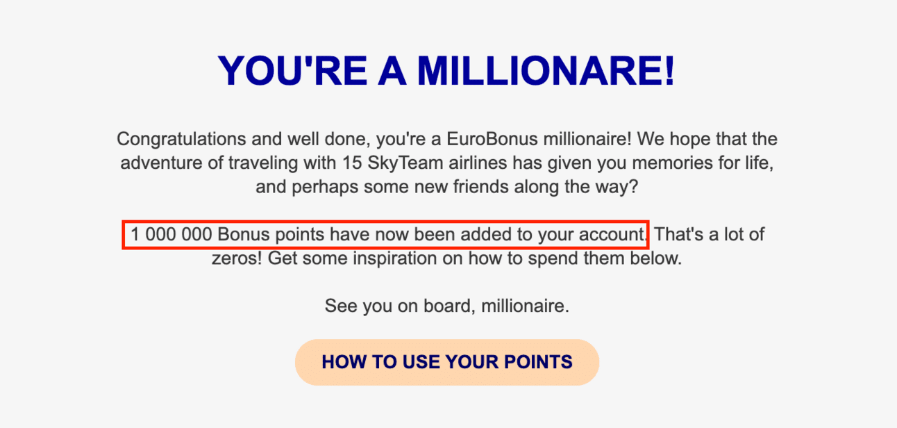 SAS Millionaire confirmation email