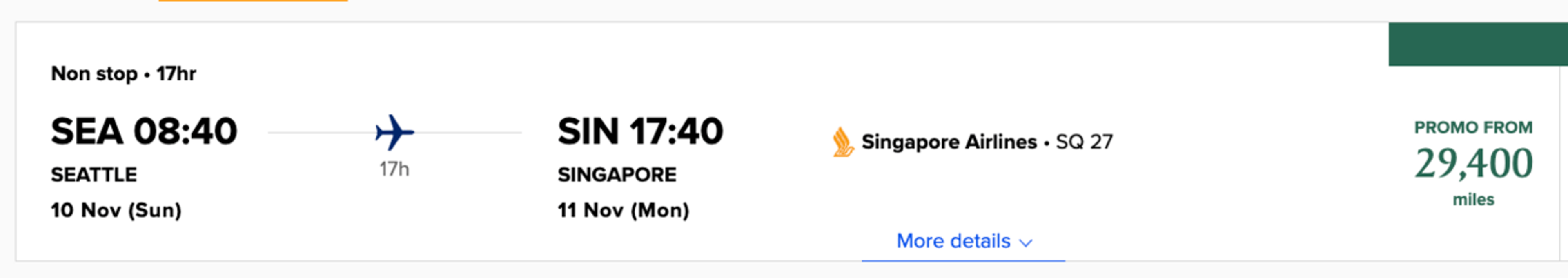 Booking example of a flight from Seattle to Singapore for 29,400 Singapore miles
