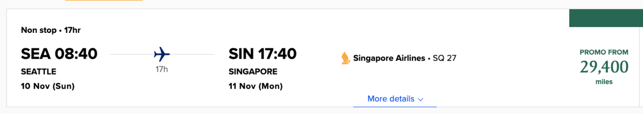 Booking example of a flight from Seattle to Singapore for 29,400 Singapore miles