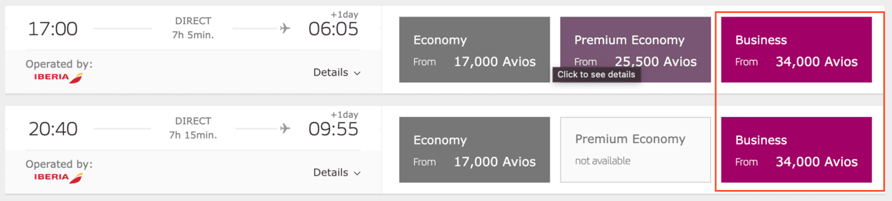 Iberia Business class Madrid for 34k points