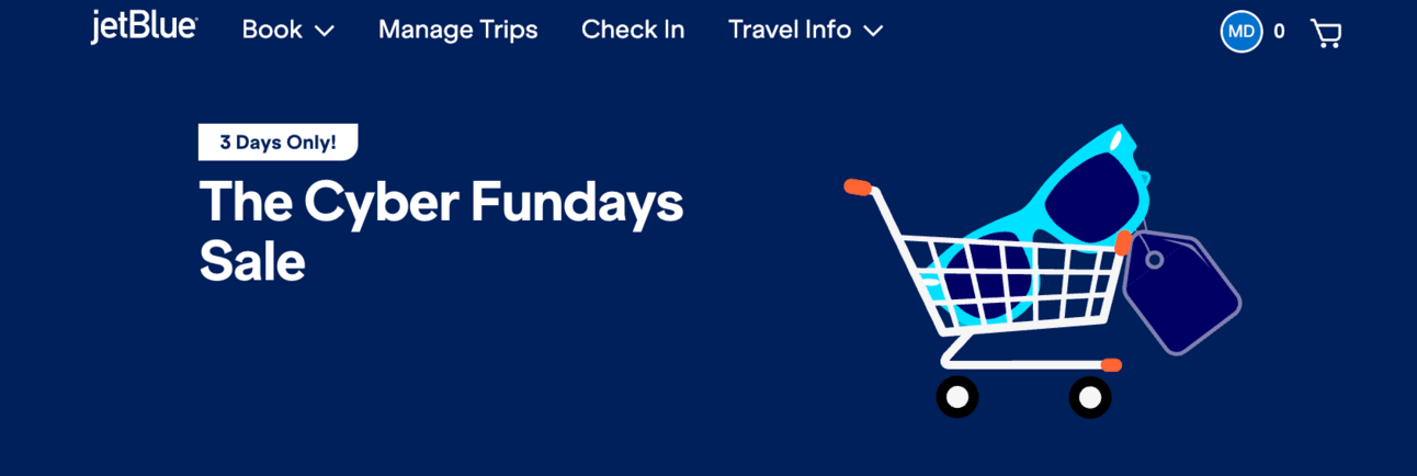 JetBlue Cyber Sale landing page