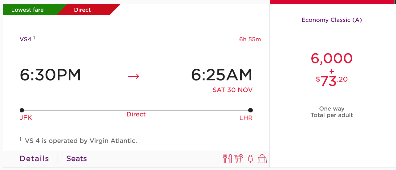 New York to London for 6,000 Virgin Miles in Economy