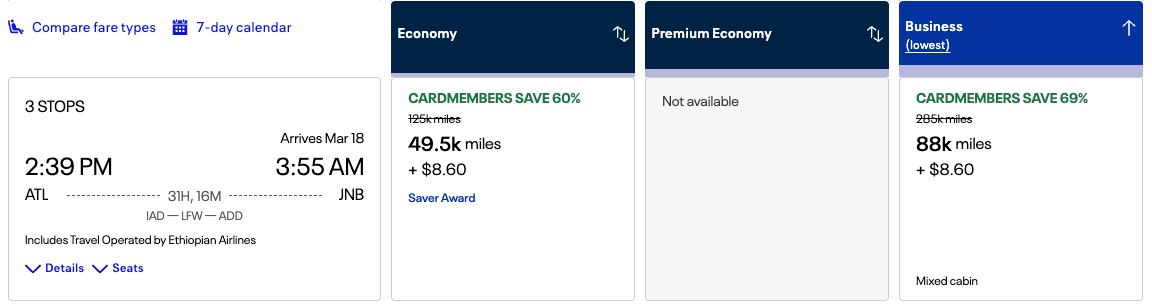 ATL to JNB for 88k miles business class