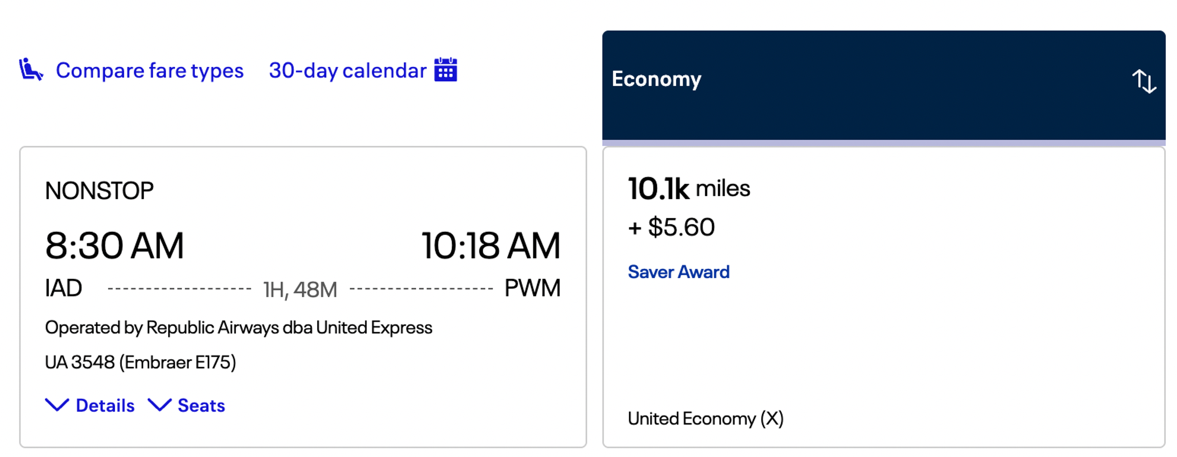Same IAD to PWM route with United Miles
