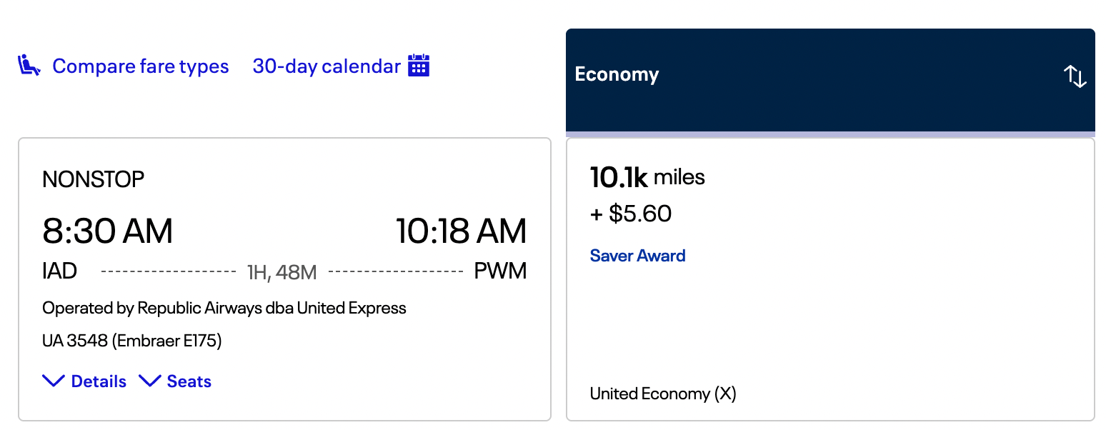 Same IAD to PWM route with United Miles