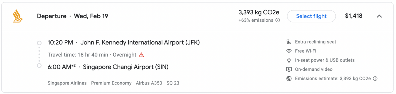 An example showing the expensive cash rates of the aforementioned Singapore flights