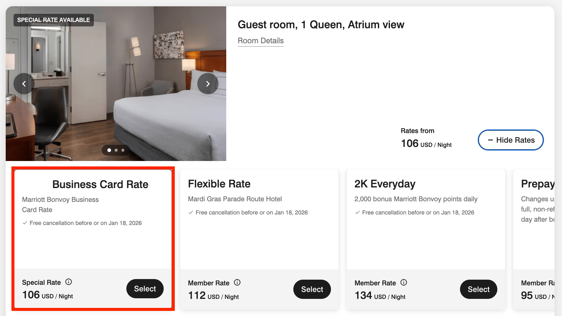 Business card rate at a hotel in New Orleans