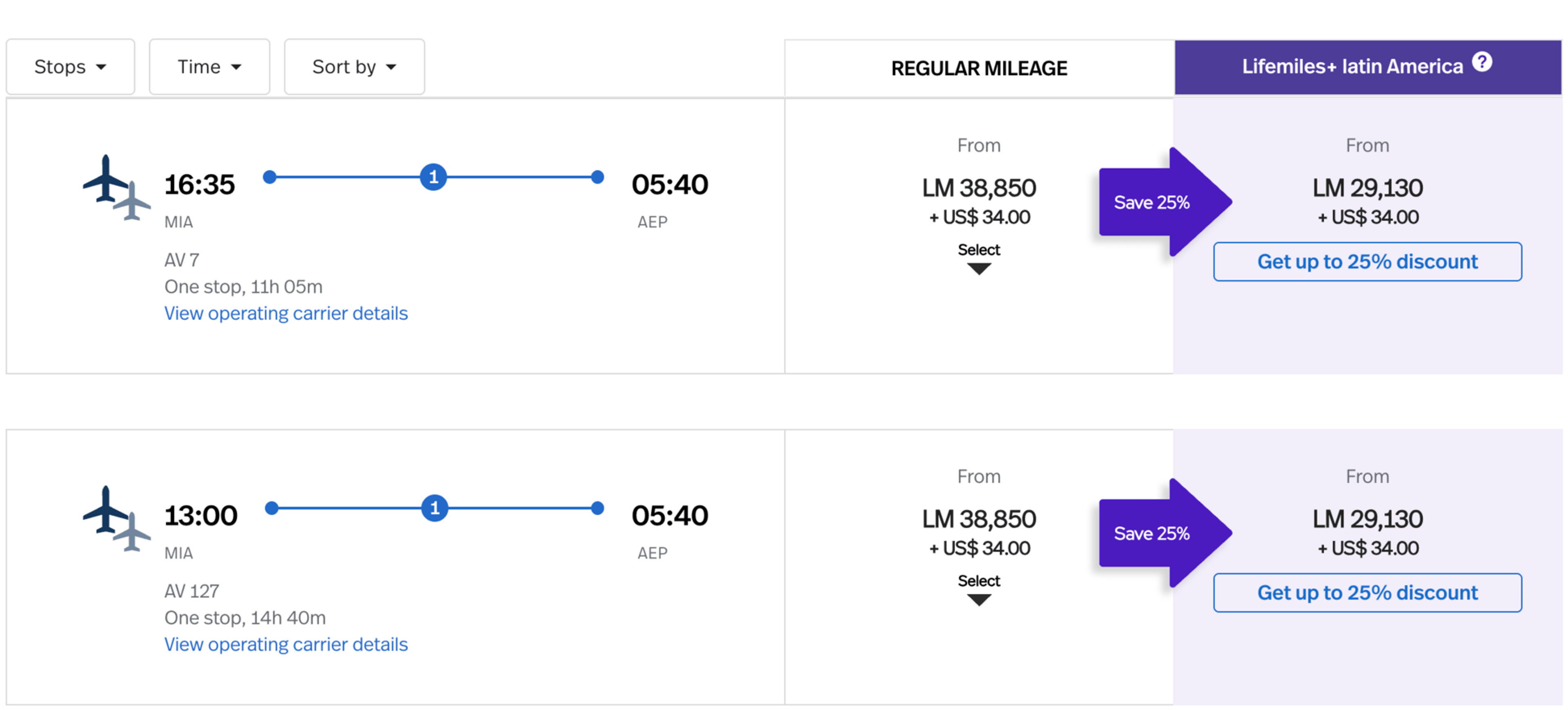 Miami (MIA) to Buenos Aires (AEP) for 38,850 Avianca LifeMiles