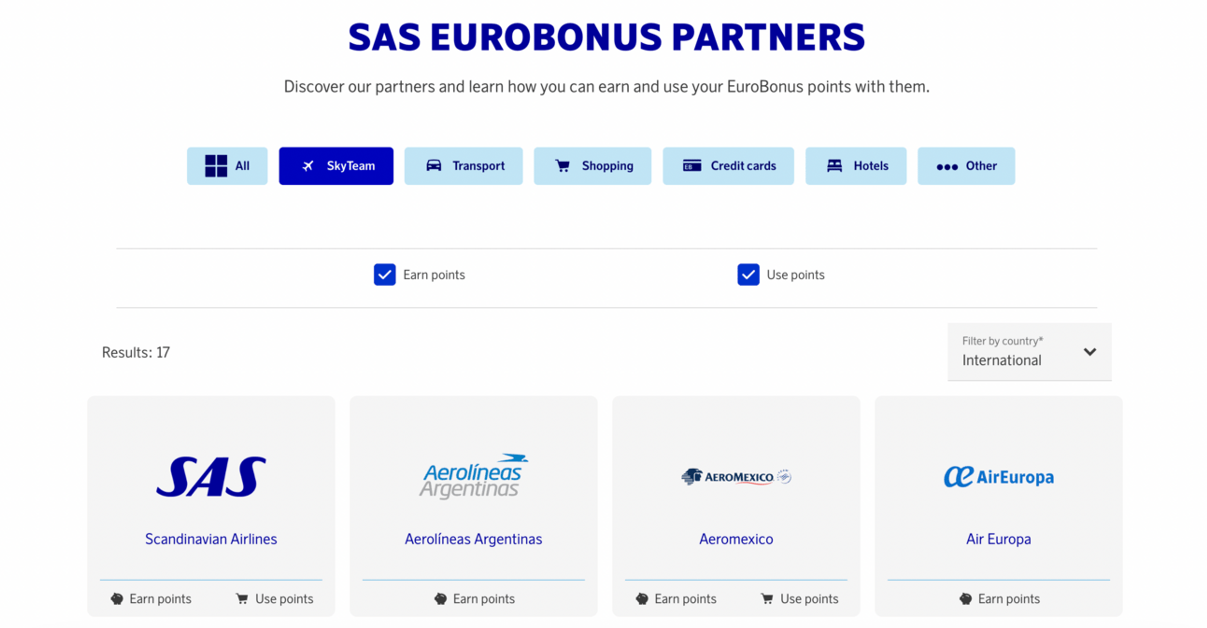 SAS website for determining mileage earnings with partner airlines