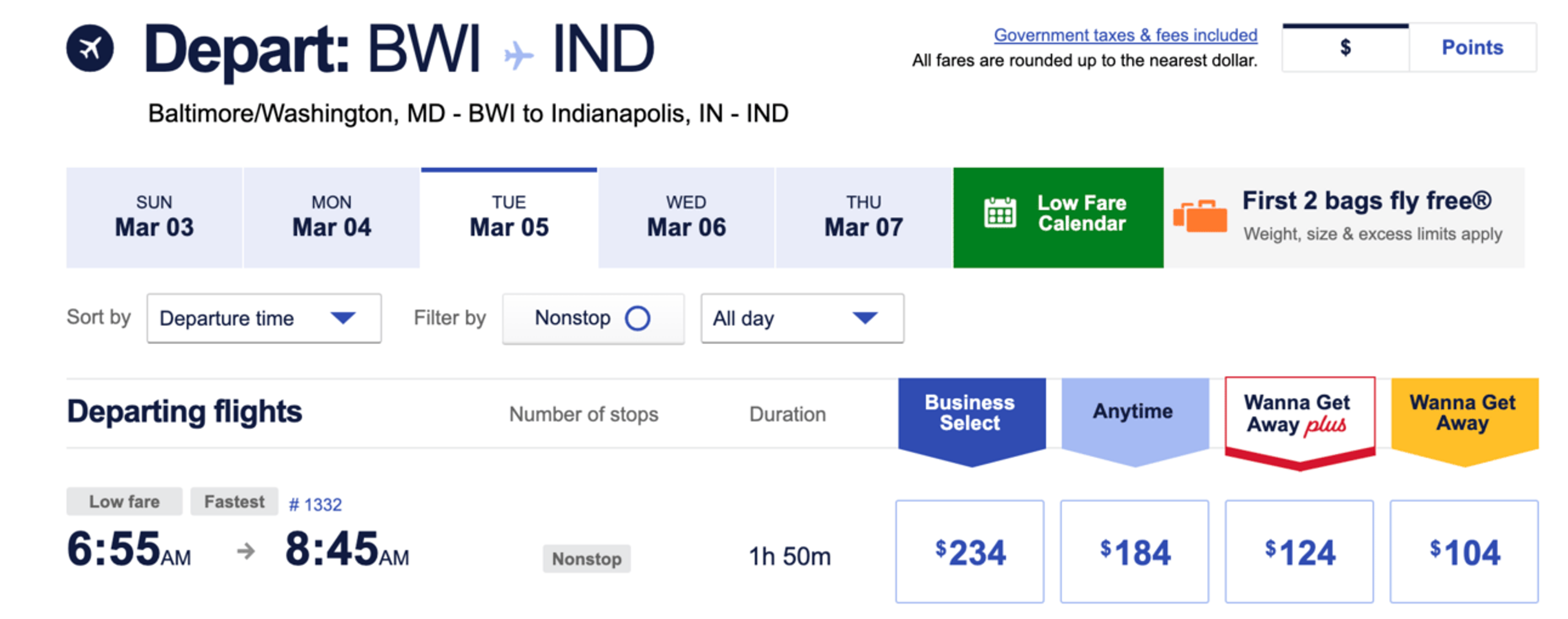 A screenshot fro the Southwest website showing a sample flight from Baltimre to Indianapolis for $104