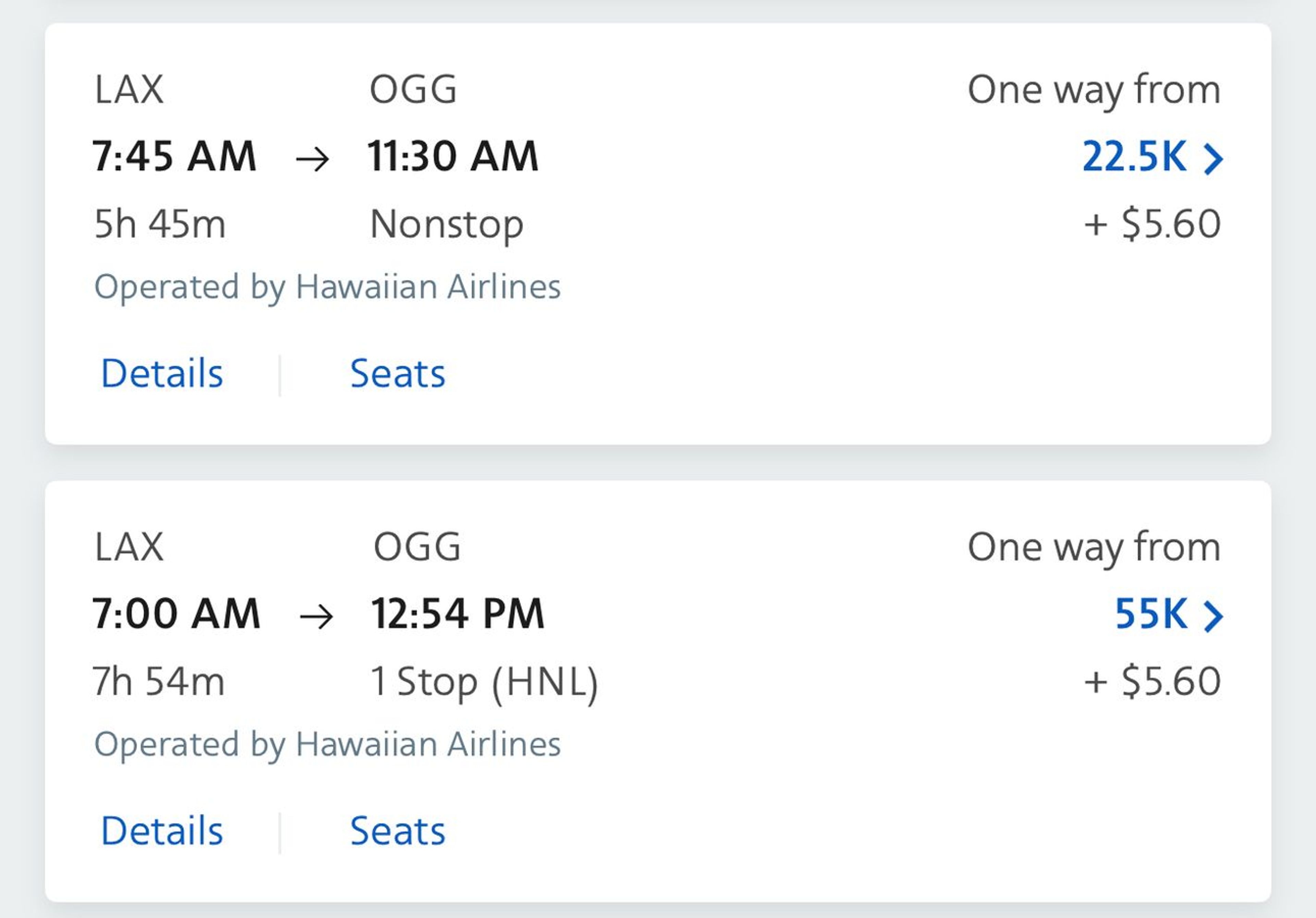 Examples of domestic flights from the West Coast to Hawaii with AA miles